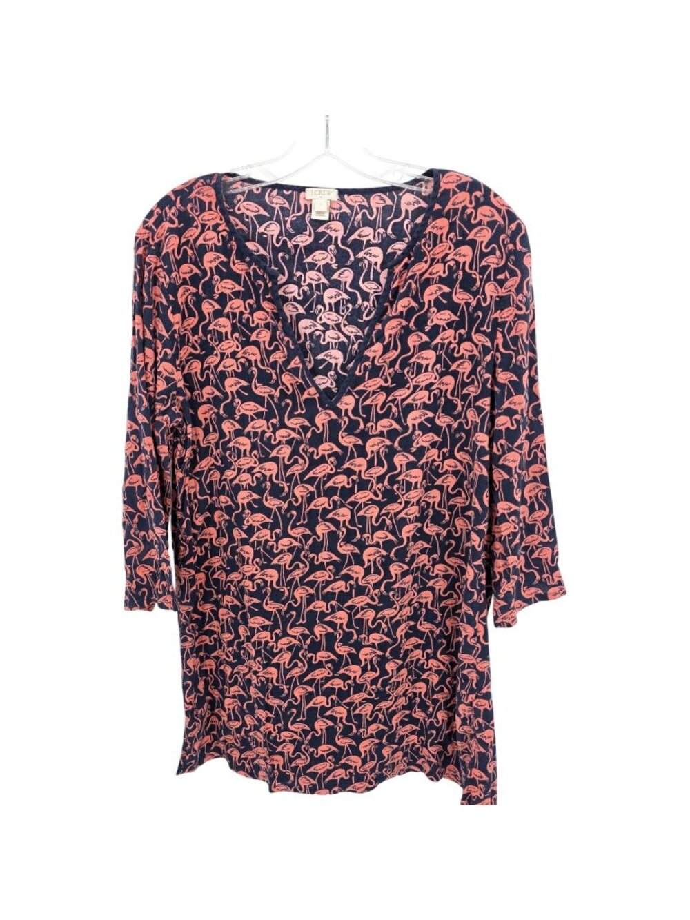 J Crew Tunic Top Womens L Blue Flamingo Print 3/4 Sleeve Tropical Travel Office